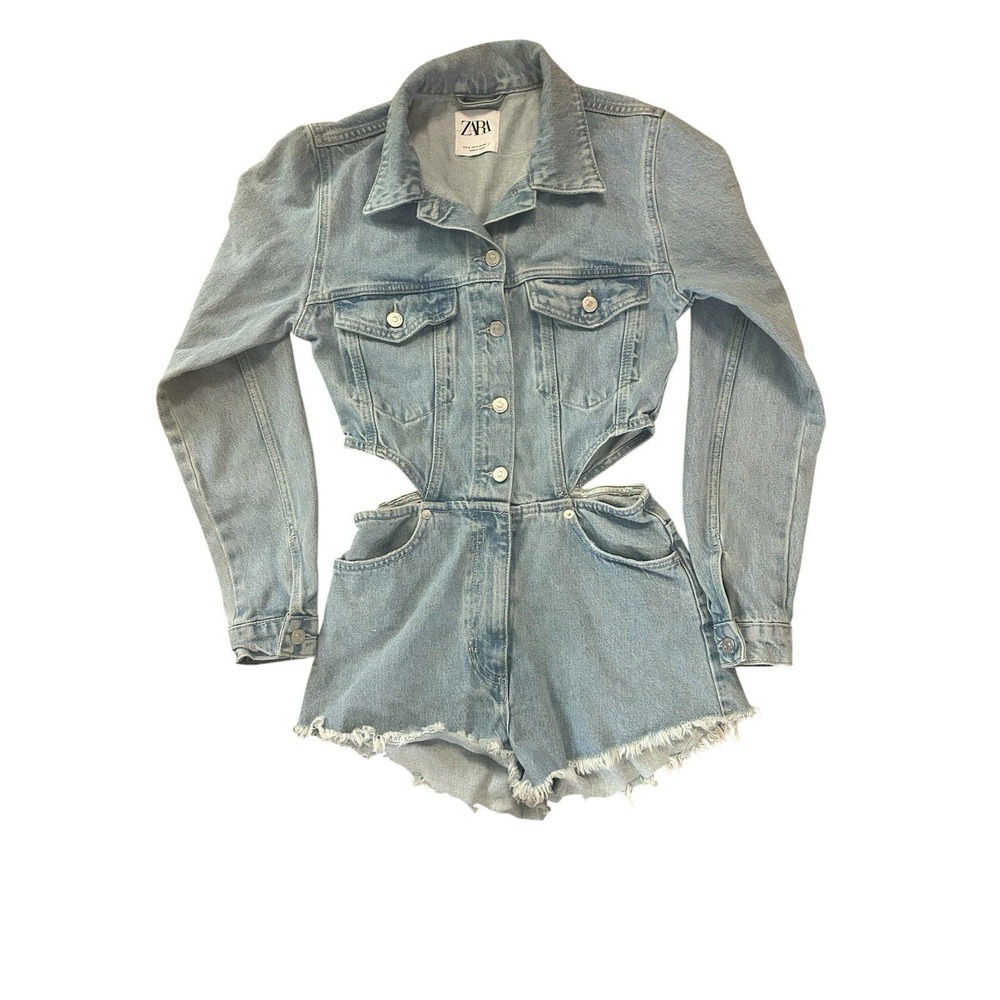 Zara Cut Out Denim Short Blue Jumpsuit SZ S Distressed Romper - Picture 3 of 9